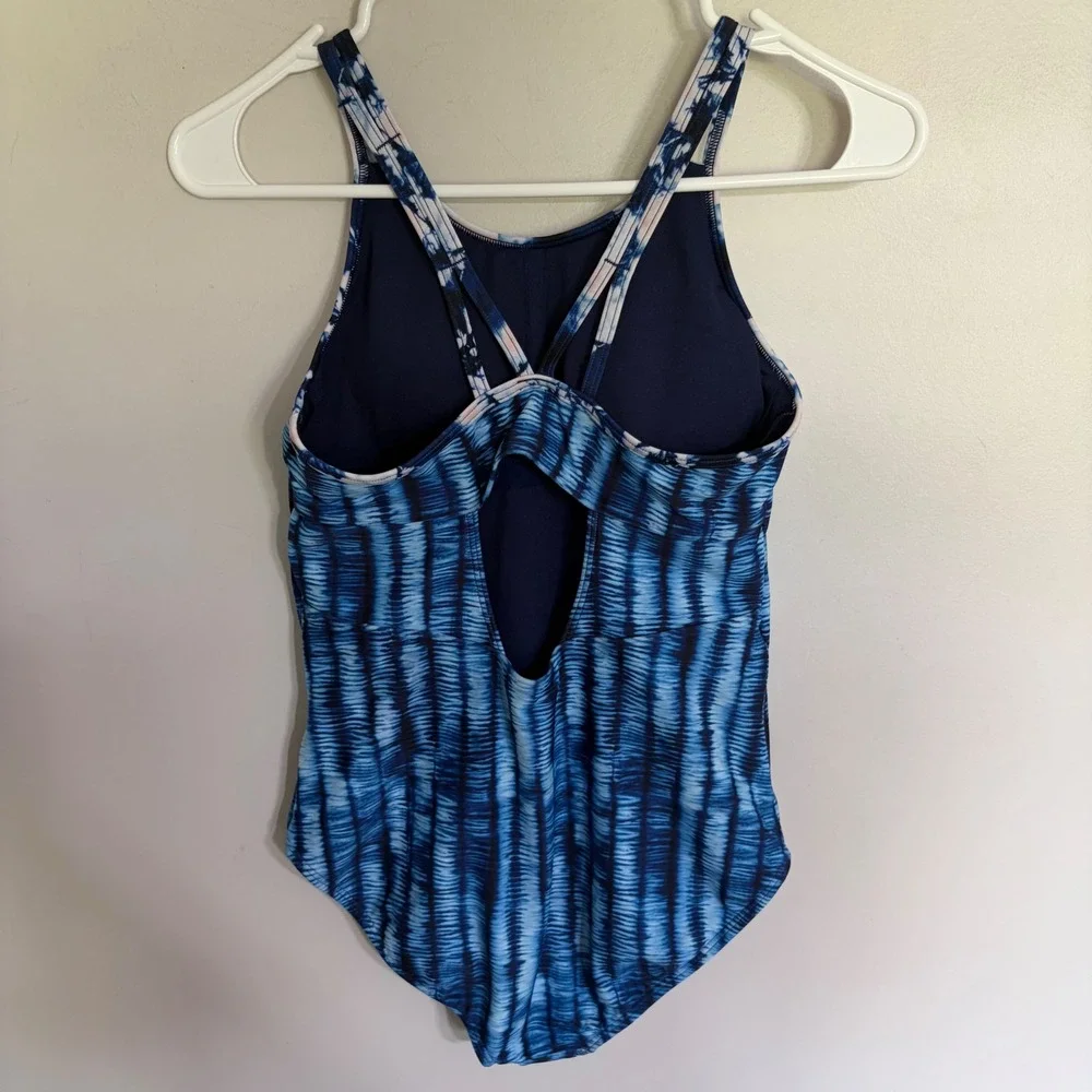 Athleta Girl Festival Tie Dye One‎ Piece Swimsuit Blue Navy XXL 16 Cutout Back
